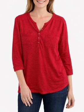 Chico's The Ultimate Tee Size 2P 3/4 Sleeve Slub Knit Pockets 1/4 Button Pink